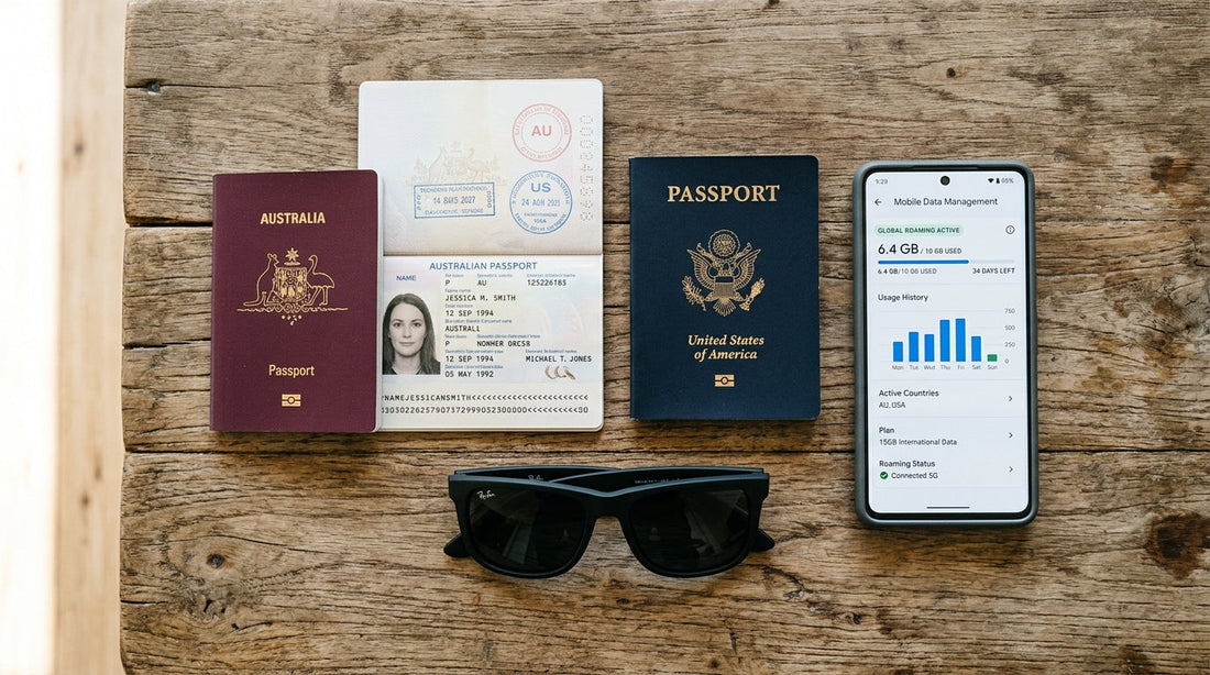 An open Australian passport and a US passport placed neatly on a travel desk next to a smartphone displaying an eSIM digital data confirmation layout.