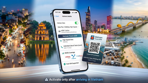 A promotional image for a Vietnam travel eSIM service. It shows an iPhone displaying active mobile data with the 'Vietnam Travel eSIM' plan, which offers 5GB of high-speed data daily for 15 days, plus unlimited local calls and texts. The screen indicates compatibility with Viettel, Vinaphone, and Mobifone networks. To the right is a card featuring a QR code for instant activation. The background blends historical Vietnam, represented by Turtle Tower in Hoan Kiem Lake, with a modern city skyline at night