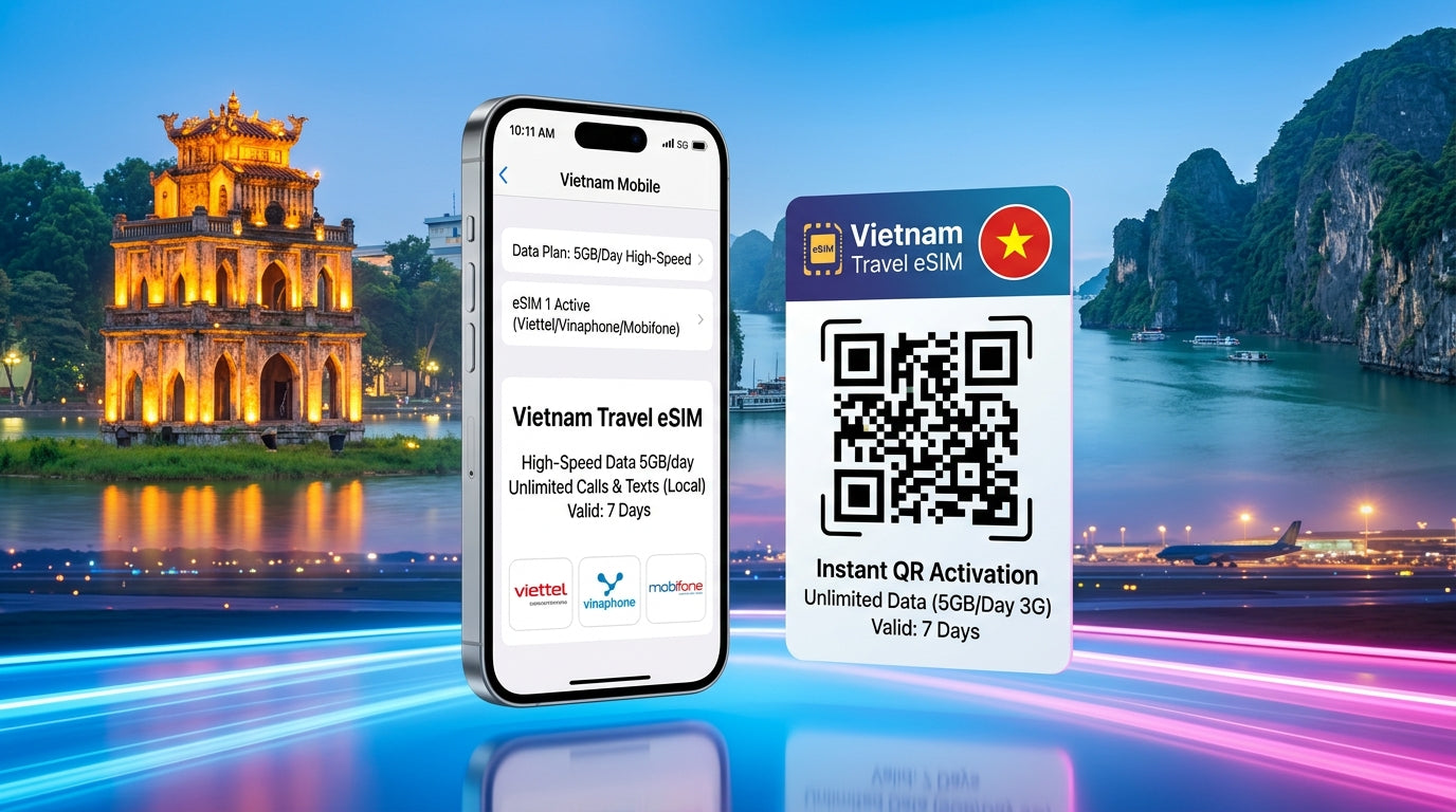 A promotional image for a 7-day Vietnam travel eSIM plan. It shows an iPhone displaying active mobile data with the 'Vietnam Travel eSIM' plan, providing 5GB of high-speed data daily, plus unlimited local calls and texts, for 7 days. The screen indicates compatibility with Viettel, Vinaphone, and Mobifone networks. Next to it is an eSIM QR code card. The background features the night skyline of Hanoi with Hoan Kiem Lake and Ha Long Bay.