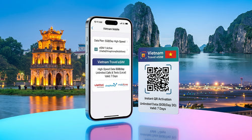 A promotional image for a 15-day Vietnam travel eSIM plan. It shows an iPhone displaying active mobile data with the 'Vietnam Travel eSIM' plan, providing 5GB of high-speed data daily, plus unlimited local calls and texts, for 15 days. The screen indicates compatibility with Viettel, Vinaphone, and Mobifone networks. Next to it is an eSIM QR code card. The background is a combination of modern Ho Chi Minh City at night and historical Turtle Tower.