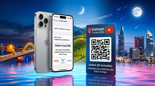 A promotional image for a 30-day Vietnam travel eSIM plan. It shows an iPhone displaying active mobile data with the 'Vietnam Travel eSIM' plan, providing 5GB of high-speed data daily, plus unlimited local calls and texts, for 30 days. The screen indicates compatibility with Viettel, Vinaphone, and Mobifone networks. Next to it is an eSIM QR code card. The background features a combination of the modern Ho Chi Minh City night skyline, the Hoi An Ancient Bridge, and a glimpse of Nha Trang beach.